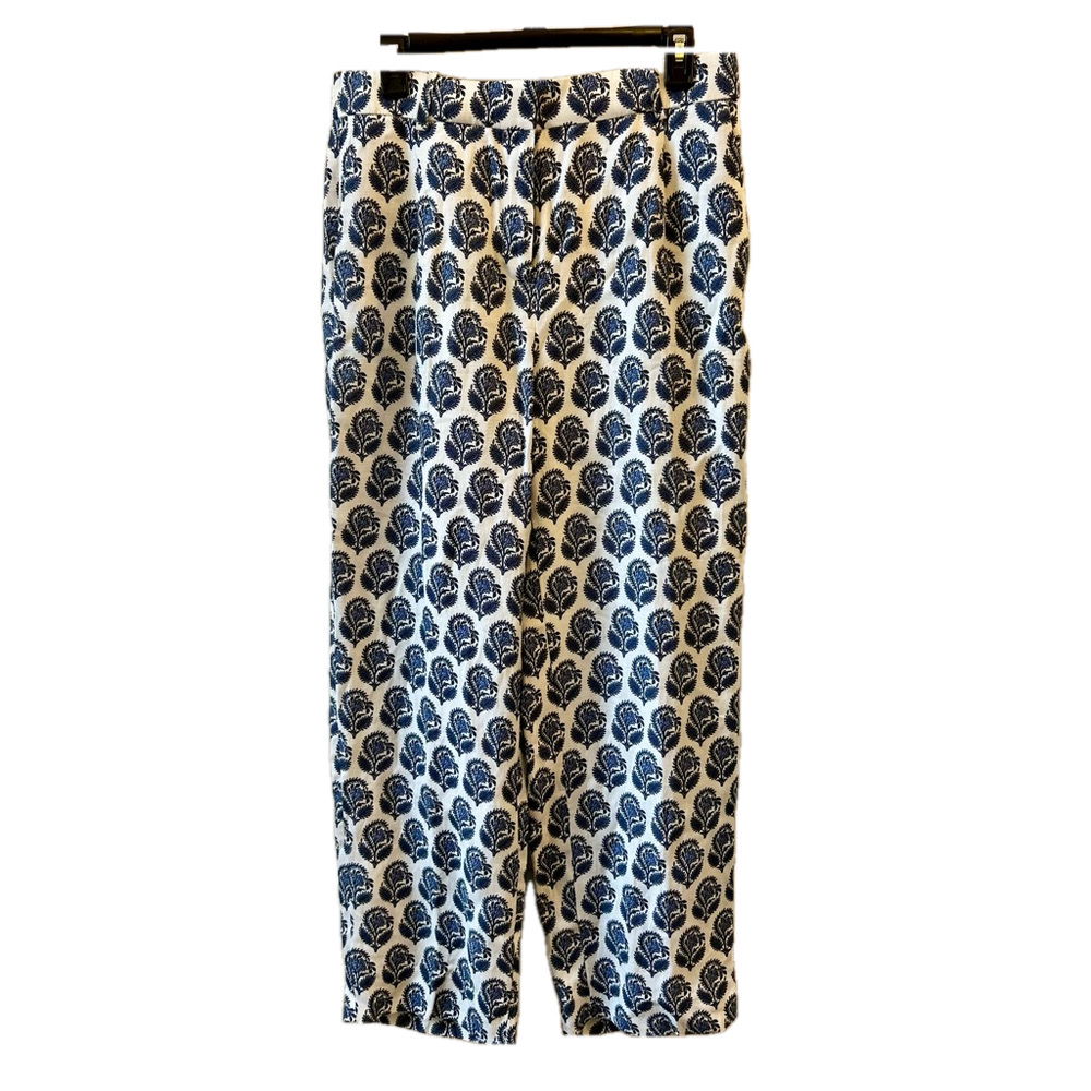 J. Crew White Blue Sz 10 Pants Linen Straight-Leg Bouquet Print Chelsea
